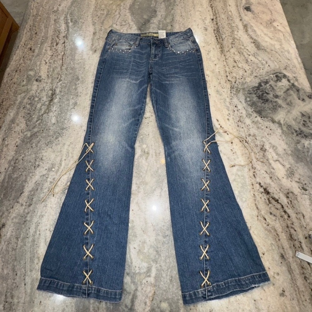 Y2K Mudd Jeans 9 Women's 31x30 Flare Lace Up Mid Rise Boho Hippie Vintage